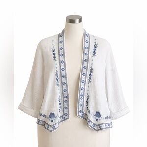 Cynthia Rowley 2X White Gauze Jacket Blue Embroidered Boho Open Front